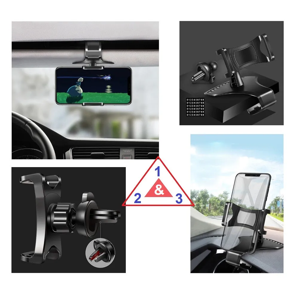 3 in 1 Car GPS Smartphone Holder: Dashboard / Visor Clamp   AC Grid Clip for Gionee Marathon M5 Pro - Black